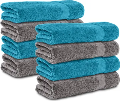 Produktbild von Komfortec 8er Duschtücher 70x140 cm Set aus 100% Baumwolle, 470g/m², Frottee, Weich, Anthrazit Grau/Türkis