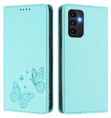 Image de Étui en cuir pour Samsung Galaxy A13 / A04 / A04S, étui de protection type portefeuille en cuir gaufré motif papillon avec support, couleur turquoise