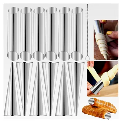 Produktbild von Edelstahl Schaumrollenformen Set – 25-teiliges Backzubehör mit 12 Kegel- und 12 Röhrenformen, inklusive Reinigungsbürste – Antihaftformen für Cannoli und Schillerlocken