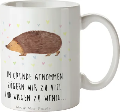 Produktbild von Mr. & Mrs. Panda Keramikbecher Igel Herzen - Weiß - Geschenk, cappuccinotasse, kaffeebecher bedruckt, Liebe, Pott, Kaffeetasse, Kuss, Tasse mit Spruch, Herz, Vertrauen