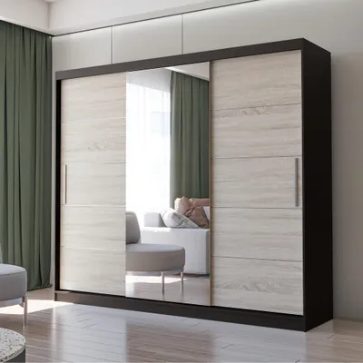 A modern sliding door wardrobe with mirrored doors, reflecting a living room setting.
