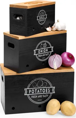 Produktbild von yorbay Holz Gemüse-Aufbewahrungsboxen Schwarz mit Deckel, 3er Set für Kartoffeln, Zwiebeln & Knoblauch, Maße: Groß 34x16.5x19.4 cm, Mittel 28.5x13.5x16.2 cm, Klein 23x10.5x12.7 cm