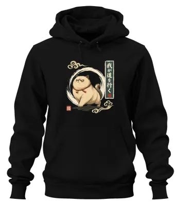Produktbild von Japanische Katze 我が道を行く Mürrisch Lustig Japan Y2K Ukiyo-e Hoodie Kapuzenpullover, Schwarz, S
