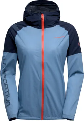 Windbreaker-Jacke für Damen in Blau mit Kapuze und roten Akzenten von La Sportiva.