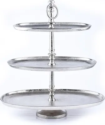 Zdjęcie produktu dla Marrakesh Deco Estetyczny Etażer 3-poziomowy Misa na owoce owalna Srebrna 48 cm wysokości | Sevierplatte 3 Tace jako Candybar Dekoracja kuchni lub salonu | Stojak na babeczki Stojak na ciasto Annika wykonany z aluminium