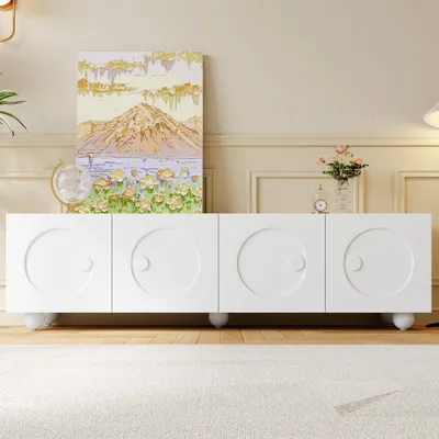 Image de Meuble TV moderne, blanc, design épuré, panneau TV unique, meuble bas