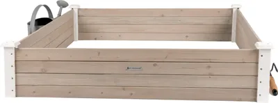 Produktbild von WONDERMAKE Große Hochbeet-Umrandung Beeteinfassung aus Holz für Garten Terrasse, Pflanzbeet Bausatz XL quadratisch, Blumenbeet Kräuterbeet Beetumrandung niedrig deko, 120 x 120 x 26,5 cm, weiß grau anthrazit