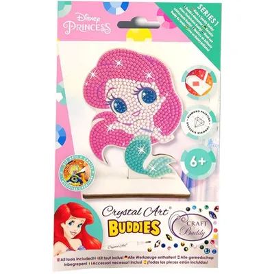 The image shows the retail packaging of a Crystal Art Buddy craft kit featuring a Disney Princess character, Ariel.