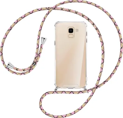Produktbild von Handykette Backcover-Schutzhülle mit Band (Metall silberfarben) für Samsung Galaxy J6 2018 - rosa Karo