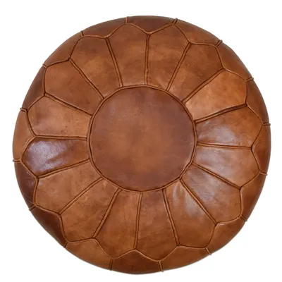 Produktbild von Marokkanischer XL Echtleder Pouf - Cognac - Handgefertigt - gefüllt geliefert - Ottoman Sitzsack Fußhocker