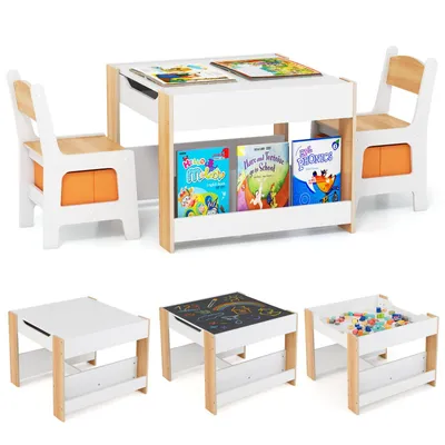 A product shot of a children's activity table and chair set, along with three smaller activity tables.
