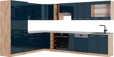 Produktbild von Eckküche Vicco Fame-Line Dunkelblau Hochglanz/Goldkraft Eiche 347 x 60 cm , AP Marmor, Model 49797