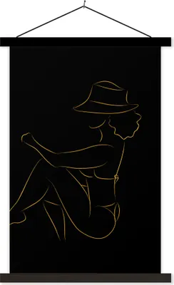Produktbild von MuchoWow® Textilposter Frau - Hut - Gold - Schwarz 60x90 cm mit schwarzem Rahmen - Poster Wohnzimmer