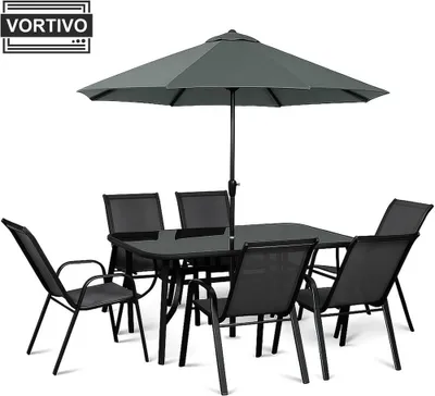 Produktbild von VORTIVO 8-teiliges Gartenmöbel-Set für 6 Personen mit Sonnenschirm – stapelbare Stühle, Tisch mit Glasplatte – wetterfest – Schwarz