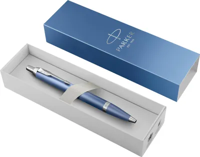 A blue Parker pen is presented in its packaging, which includes a blue box and a white insert.