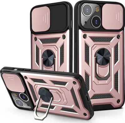 Produktbild von iPhone 14 Hülle mit 360° Drehbarer Magnetische Ring Ständer Halter Dia Kameraschutz TPU Bumper Silikon Schutzhülle für iPhone 14 Rosa