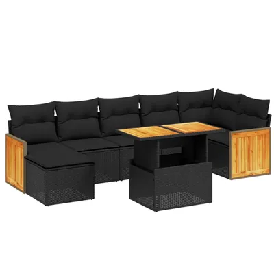 Produktbild von 8-tlg. Garten-Lounge-Set, modular mit verstellbarem Tisch, Poly Rattan Schwarz, UV-beständig, abnehmbare Kissenbezüge