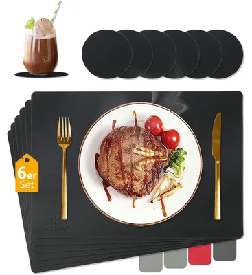 Productafbeelding van Tafelsets, vaatwasmachinebestendig, hittebestendig, kunstleer, set van 6 met onderzetters, zwart, 43x30 cm