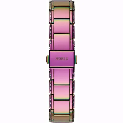 A close-up view of a watch band with a rainbow iridescent finish.