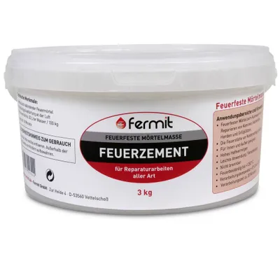 A white plastic tub of Fermit Feuerzement (fire cement) with a red and gray label.