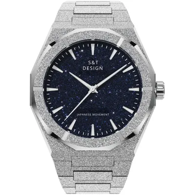 A close-up, front-facing view of a frosted silver watch with a dark blue, starry dial.