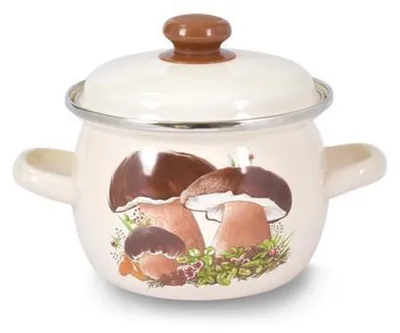 A cream-colored enamel pot with a mushroom design and a brown lid.