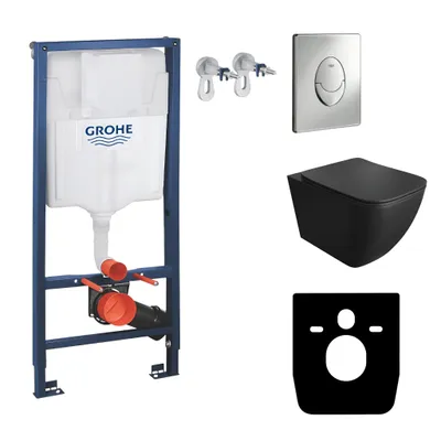Produktbild von GROHE Vorwandelement Solido Start + Wand Hänge WC Onil Schwarz Spülrandlos + WC-Sitz SoftClose | Verchromter Knopf | Komplettset | Unterputz Spülkasten | Toilette Komplett Sett