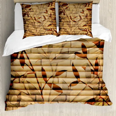 Produktbild von ABAKUHAUS Beige Bettbezug, Bambus-Blätter Bohemian, Resistente al Agua Lavable Colores No Destiñen Personalizado, 155 cm x 220 cm - 80 x 80 cm, Brown Tan Beige