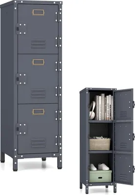 Zdjęcie produktu dla Szafa ubraniowa z 3 półkami i drzwiami na zatrzask, metalowa szafka do przechowywania, z zabezpieczeniem przed przewróceniem, szafka do biura, szkoły, 30x35x100 cm