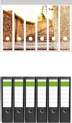 Produktbild von Wallario 6 Stück breite Ordner inkl. Klebeetiketten mit Motive Steinerne Treppe in Italien -  Set mit Rückenschildern / Ordnerrücken Stickern