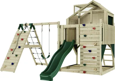 Produktbild von OutdoorToys Outdoor Spielturm mit Wellenrutsche, Spielhaus aus Holz mit Kletterwand, Kletternetz, Ausführung: Kinderschaukel, Farbe: Smaragdgrün Kinderschaukel