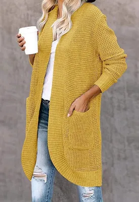 Produktbild von ASKSA Damen lässig Langarm Strickpullover lässigStrickjacke Casual Weicher, Gelb S