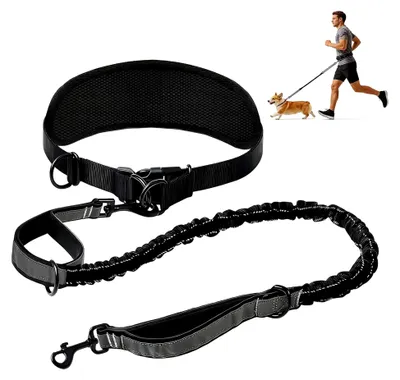 Produktbild von Bauchgurt Hundeleine - Leine für Hunde mit zwei Griffen, Freihändige Laufleine, elastische Joggingleine für Hunde mit Bauchgurt zum Wandern und Joggen, reflektierende Nähte