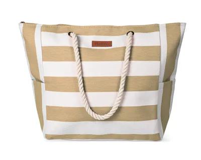 Produktbild von Strandtasche Damen Große Badetasche mit Reißverschluss Freizeittasche Sommer Tasche Gestreift Shopper Bag Einkaufstasche XXL Beige