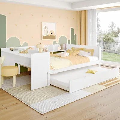 Produktbild von Odikalo Ausziehbett Daybett Flachbett Rollbett Schreibtisch Regalen Rosa 140x200cm