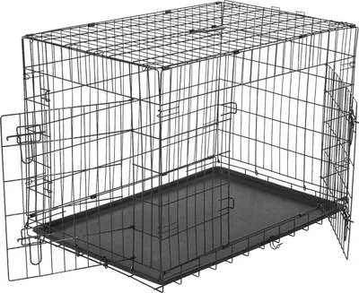 Produktbild von Hundetransportbox, Metallkonstruktion, geräumig für mittelgroße Rassen, sicheres Verschlussmechanismus, Schwarz