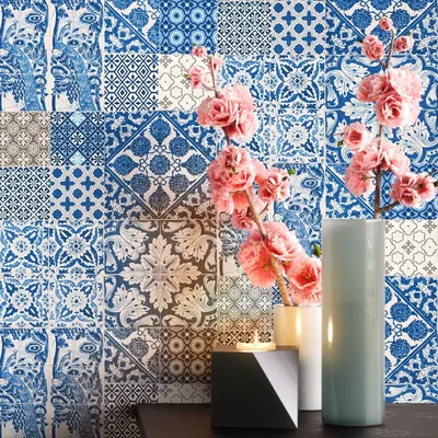 Produktbild von NEWROOM Tapete Blau  Fliesen - Fliesenoptik Vintage Creme Lila Ornament Kachel Fliesenmuster Klassik