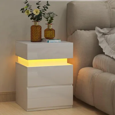 Produktbild von Nachttisch mit LED-Beleuchtung 55 cm hoch mit 3 Schubladen Weiß