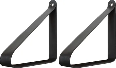Two black metal shelf brackets are shown against a white background.