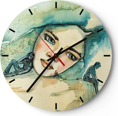 Produktbild von Wanduhr - Rund - Glasuhr - Aquarell Frau Emotionen - 40x40cm - Schleichendes Uhrwerk - Lautlos - zum Aufhängen bereit - Dekoration Modern - Wanddekoration aus Glas - C3AR40x40-4858