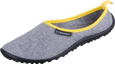 A single gray slipper with a yellow trim and a black sole is shown against a white background.