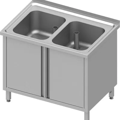 Produktbild von Spülschrank mit Flügeltüren 1000x600x850 mm, mit zwei Becken mit Aufkantung, verschweißt