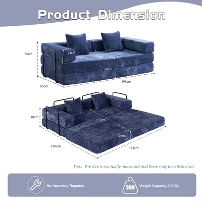Immagine prodotto di Divano letto modulare da pavimento – Divano trasformabile in stile futon – Design moderno in stile marocchino – Rivestimento in chenille – Struttura in metallo – Ideale per il soggiorno – Assemblaggio richiesto – Colore: blu