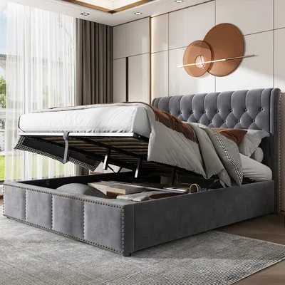 Produktbild von Flieks Polsterbett 140x200cm mit Lattenrost, Hydraulisches Boxspringbett mit Bettkasen und Kopfteil, Stauraumbett Funktionsbett Doppelbett Samt, Grau