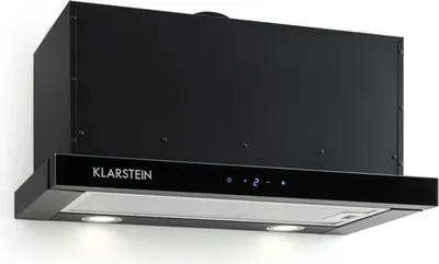 A black kitchen range hood is shown against a white background.