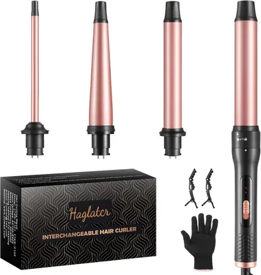 Produktbild von 4-in-1 Lockenstab Set mit Austauschbaren Aufsätzen, Keramikbeschichtung, Große und Kleine Locken, Welleneisen für Beach Waves, 180–210°C