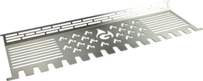 A stainless steel grill accessory with a cut-out logo and patterned perforations, presented against a white background.
