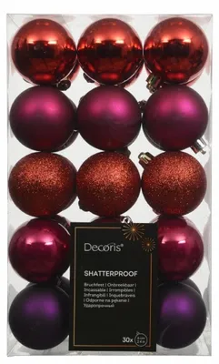 Produktbild von Bruchsichere Christbaumkugeln aus Kunststoff, 30er-Set, 6 cm, Rot-Violett- und Burgundertöne