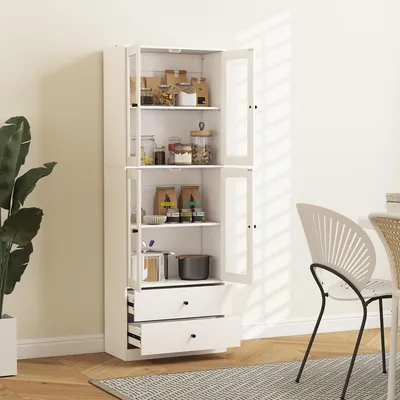 Produktbild von Küchenschrank mit Glastüren und Schubladen, Hochschrank Küche, Melamin Spanplatte, Weiß | 59x30x170 cm | verstellbare Regalböden | Kippschutz