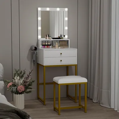 Produktbild von Fullwatt Schminktisch LED-Beleuchtung Spiegel Hocker 3 Farben Helligkeit 2 Schubladen Offene Fächer Haartrocknerhalter Modern